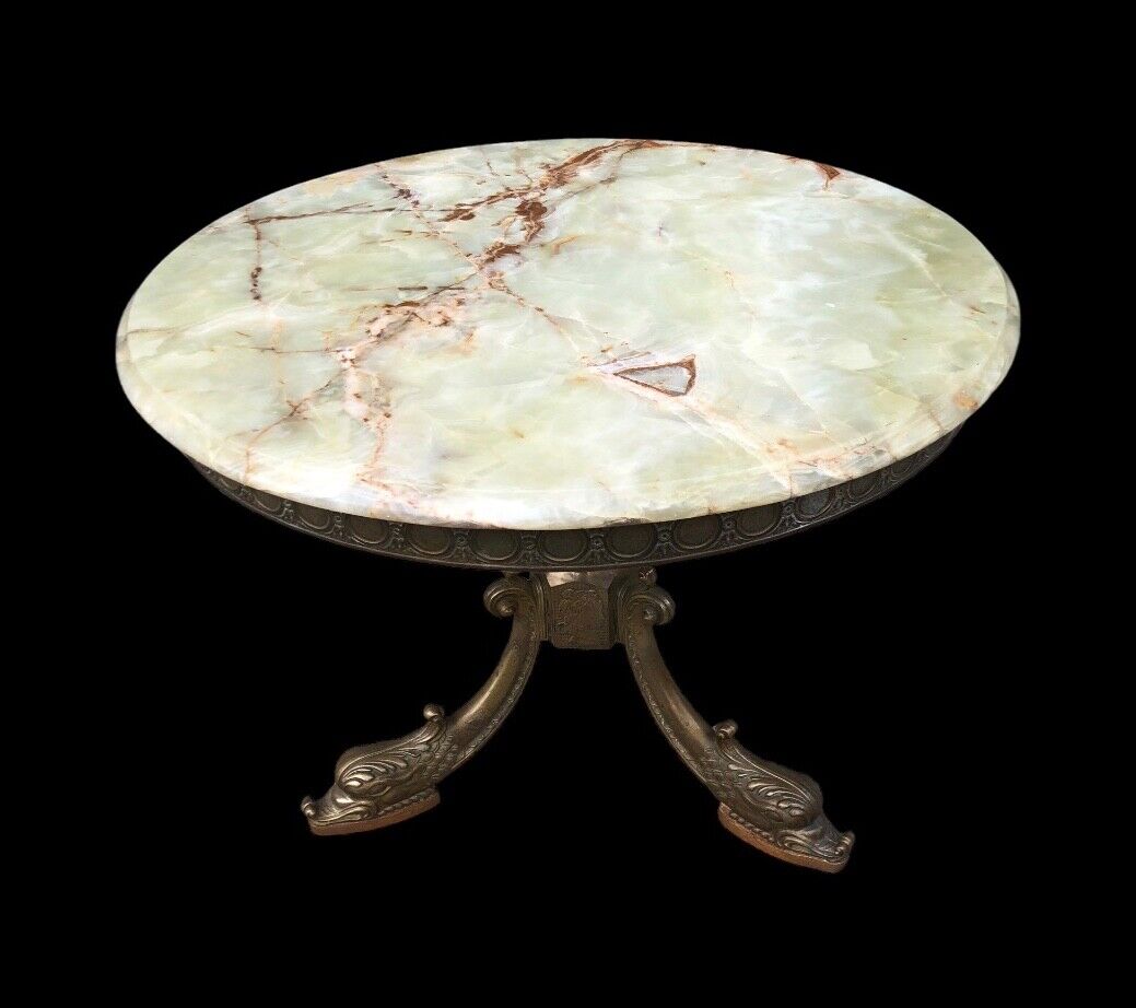 000832....Round Onyx Coffee Table On Decorative Dolphin Brass Base. ( Sold )