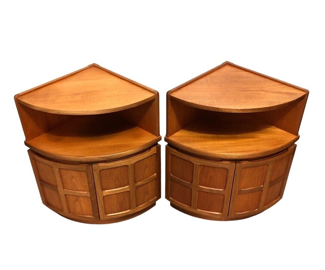 000849....Handsome Pair Of Retro Nathan Corner Cupboards / Teak Cupboards ( sold )