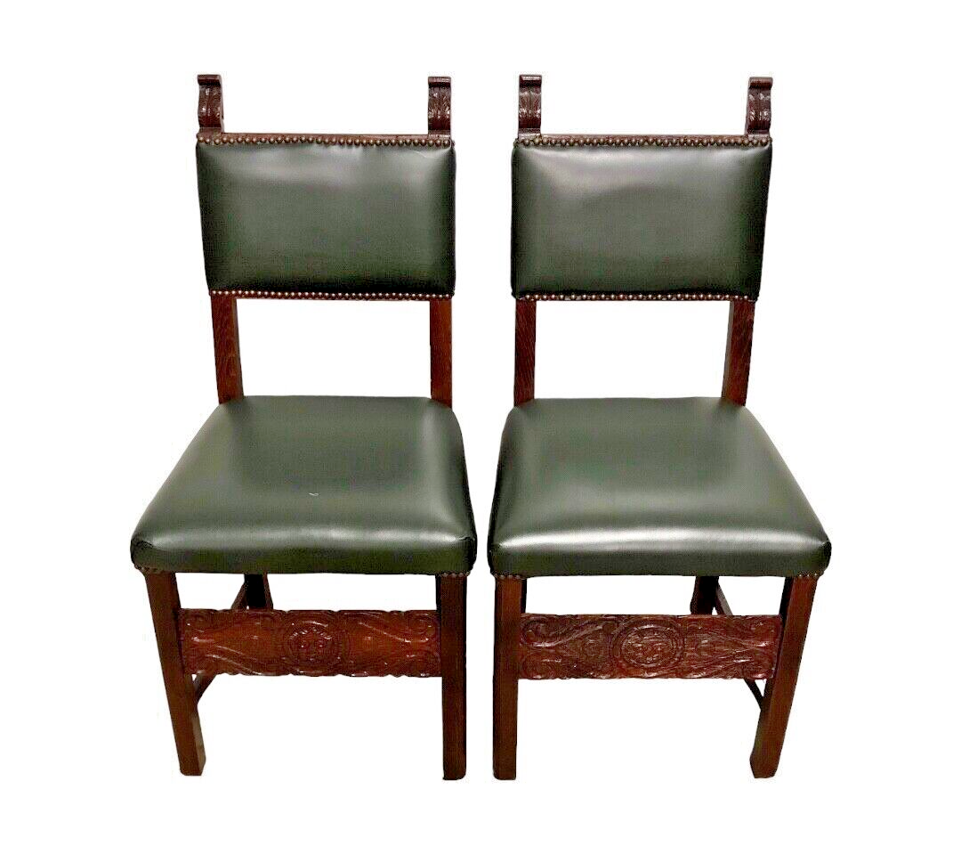 000847....Handsome Pair Of Carved Oak Hall Chairs With Green Leather Upholstery ( sold )