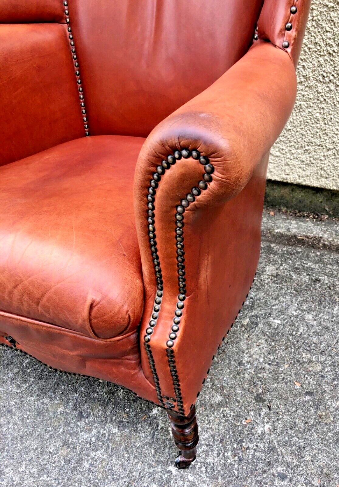 000834....Handsome Pair Of Smaller Vintage Leather Wing Back Armchairs / Leather Armchairs ( sold )