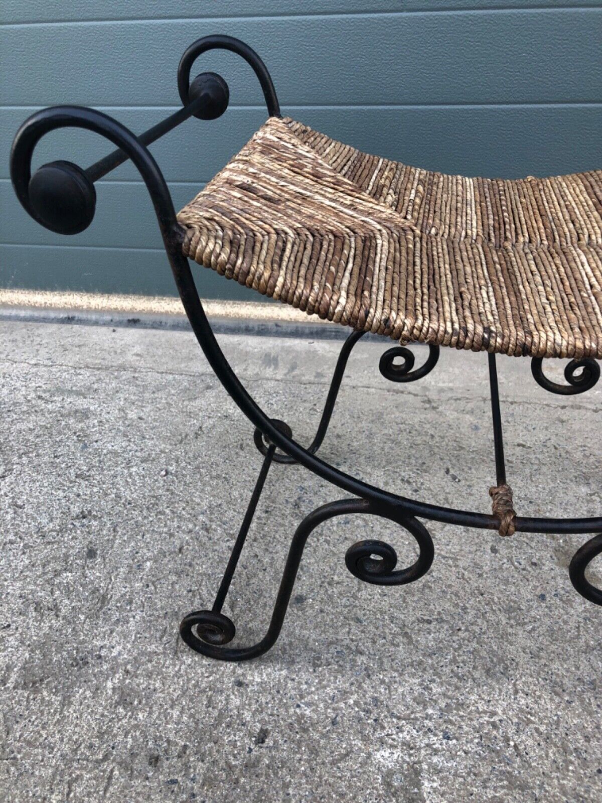 000841....Vintage Bohemian Style Wrought Iron Stool With Rush Seat ( sold )