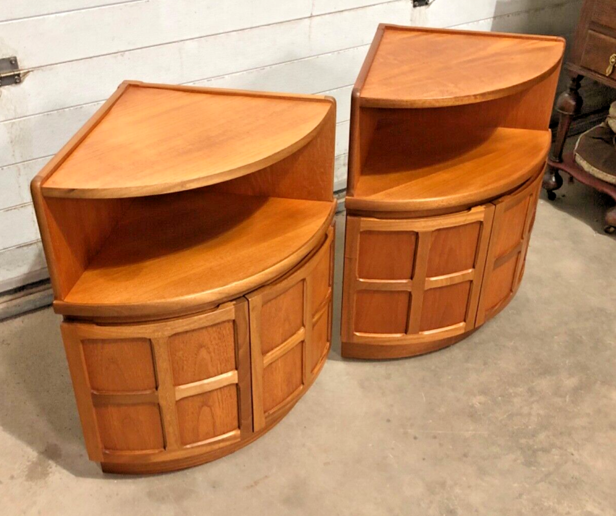 000849....Handsome Pair Of Retro Nathan Corner Cupboards / Teak Cupboards ( sold )