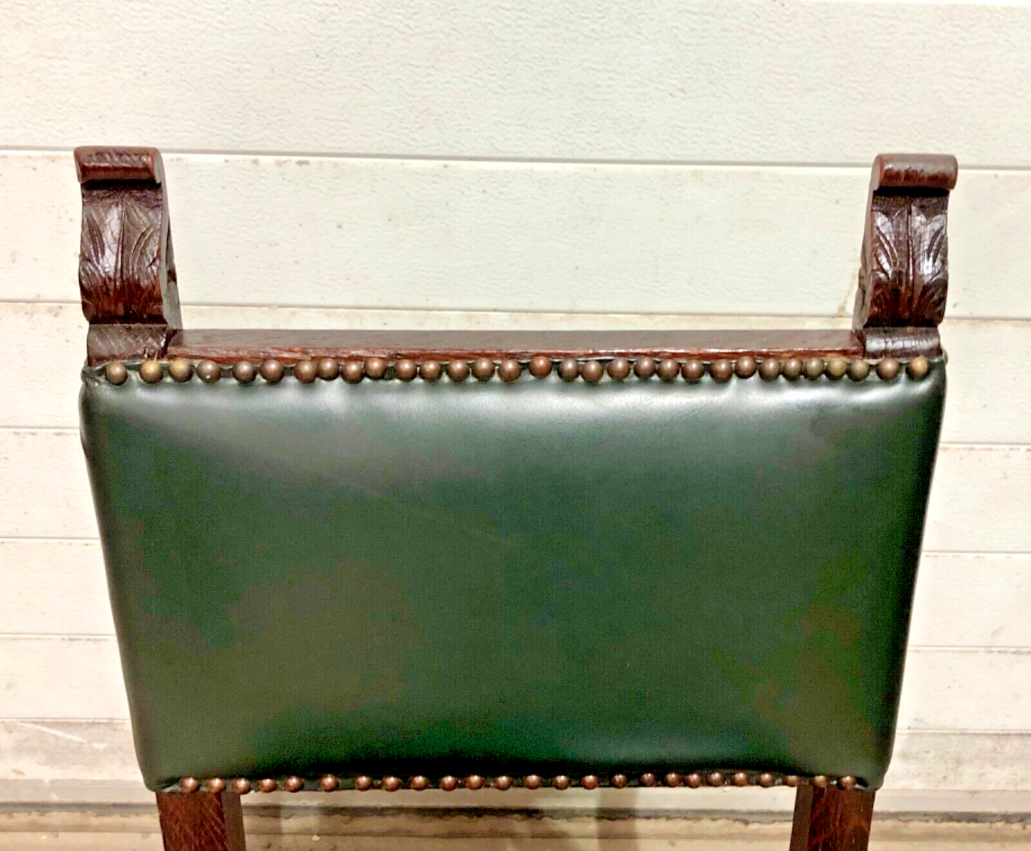 000847....Handsome Pair Of Carved Oak Hall Chairs With Green Leather Upholstery ( sold )