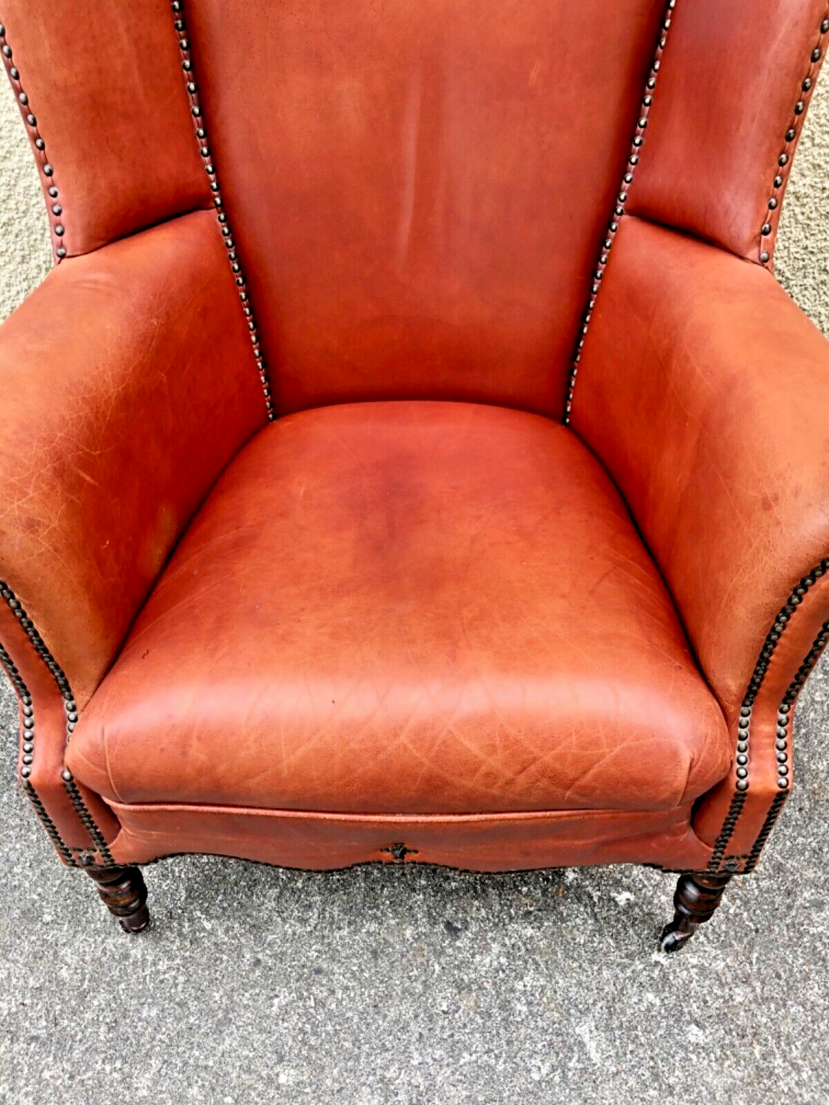 000834....Handsome Pair Of Smaller Vintage Leather Wing Back Armchairs / Leather Armchairs ( sold )