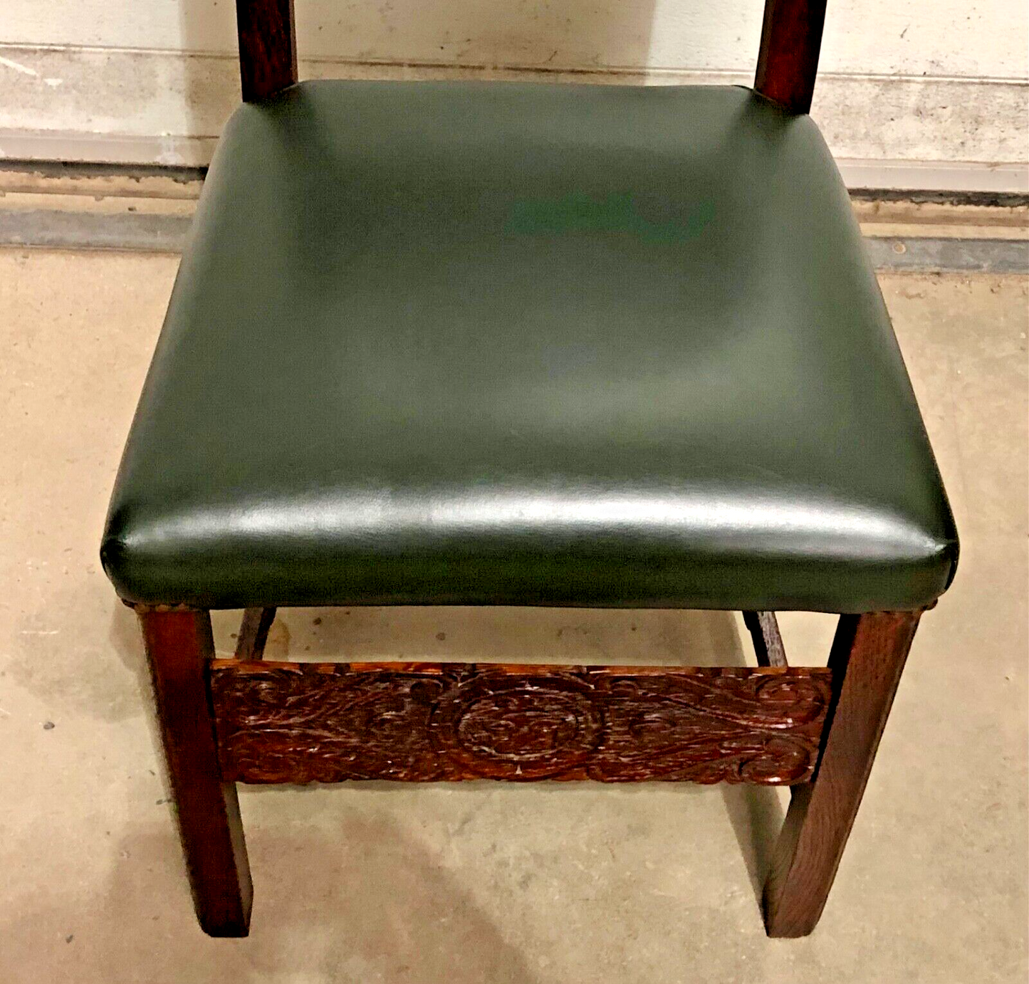 000847....Handsome Pair Of Carved Oak Hall Chairs With Green Leather Upholstery ( sold )