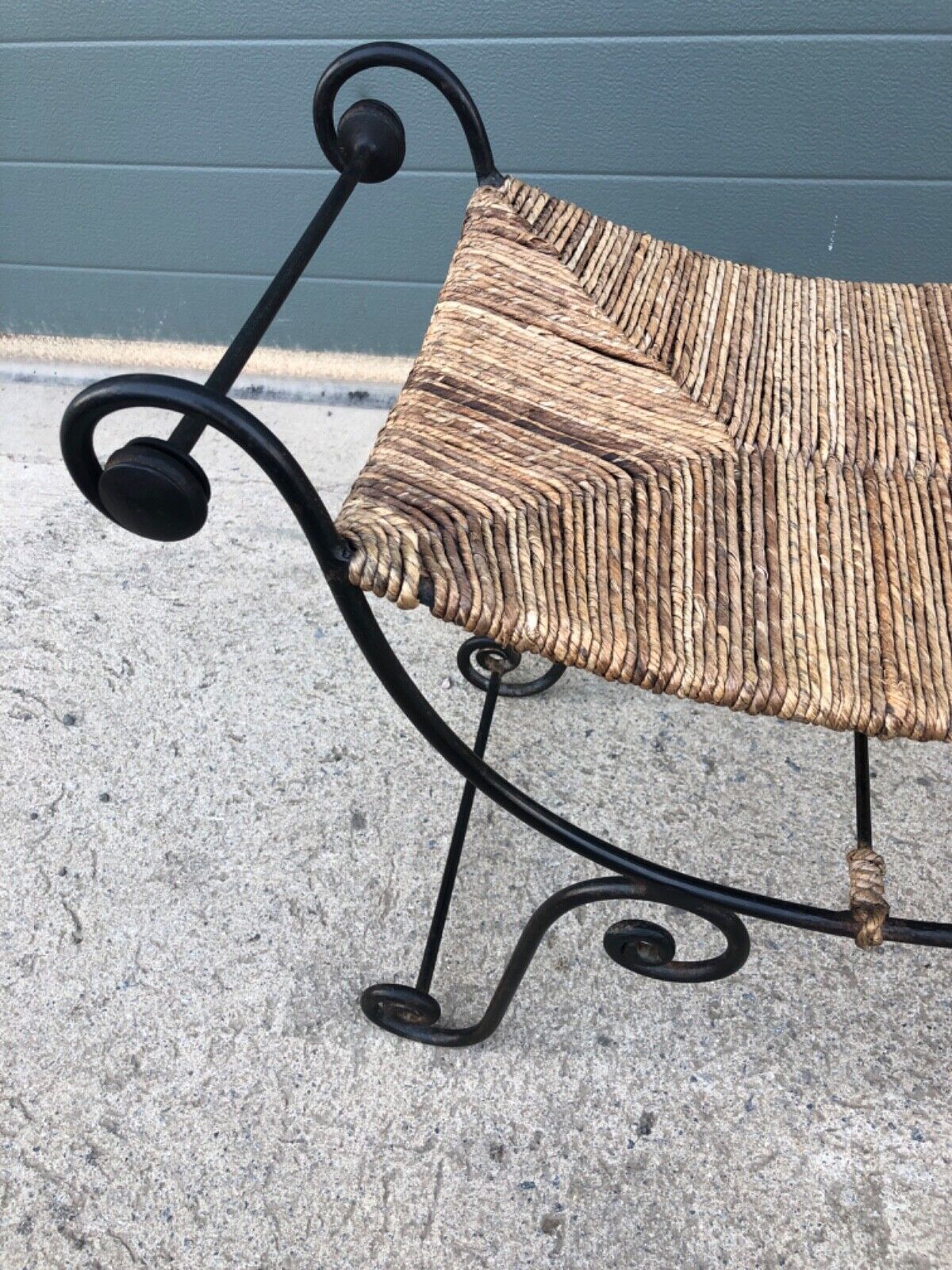 000841....Vintage Bohemian Style Wrought Iron Stool With Rush Seat ( sold )