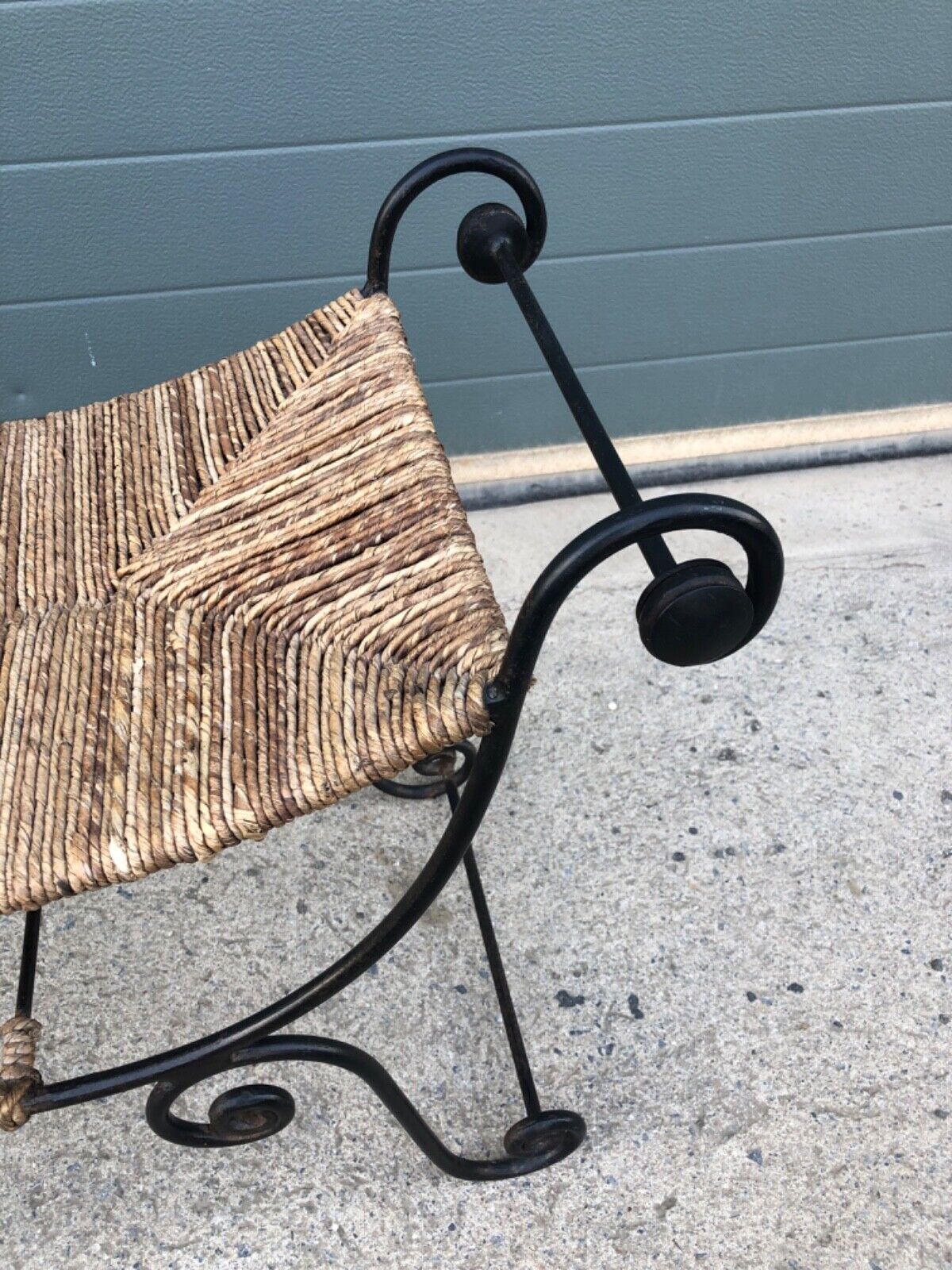 000841....Vintage Bohemian Style Wrought Iron Stool With Rush Seat ( sold )
