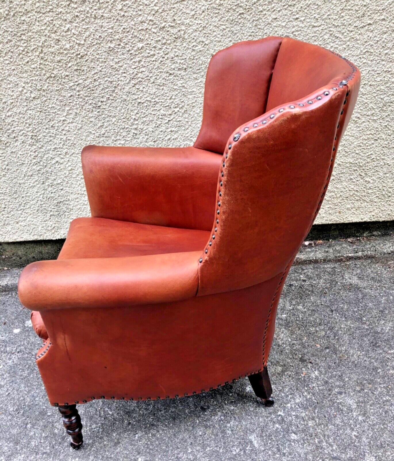 000834....Handsome Pair Of Smaller Vintage Leather Wing Back Armchairs / Leather Armchairs ( sold )