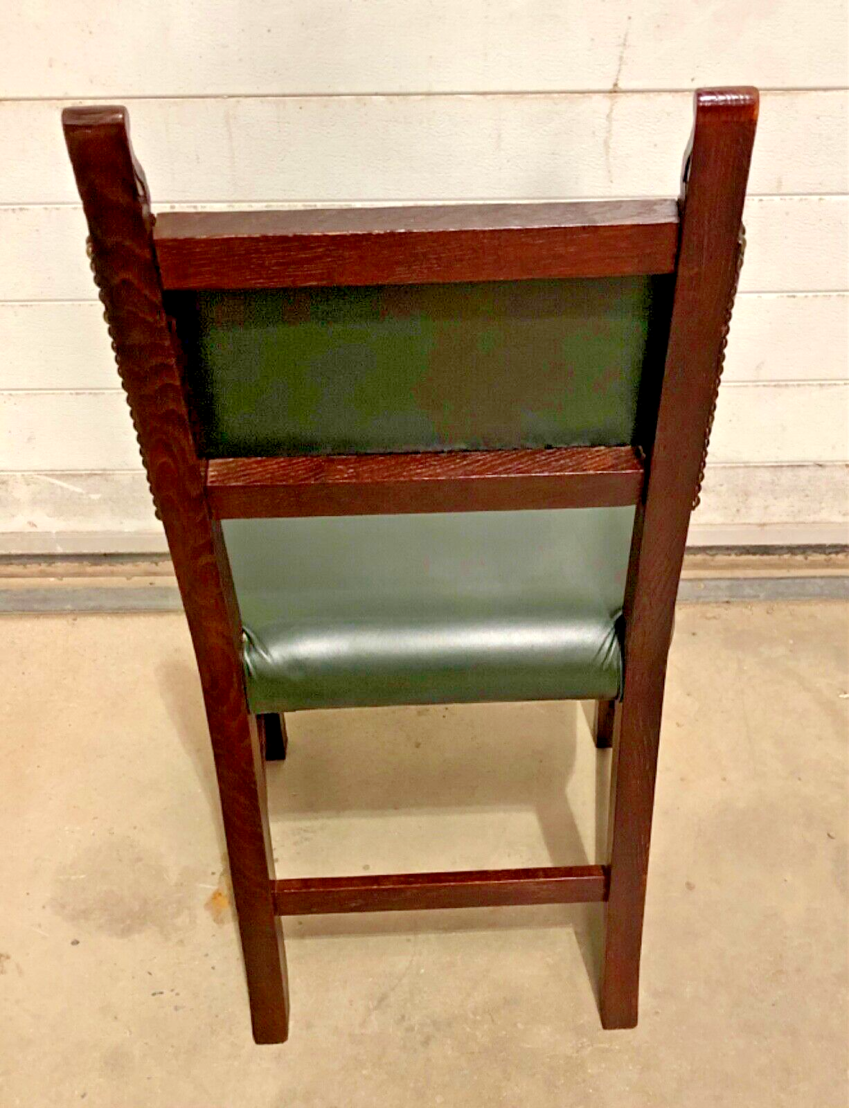 000847....Handsome Pair Of Carved Oak Hall Chairs With Green Leather Upholstery ( sold )