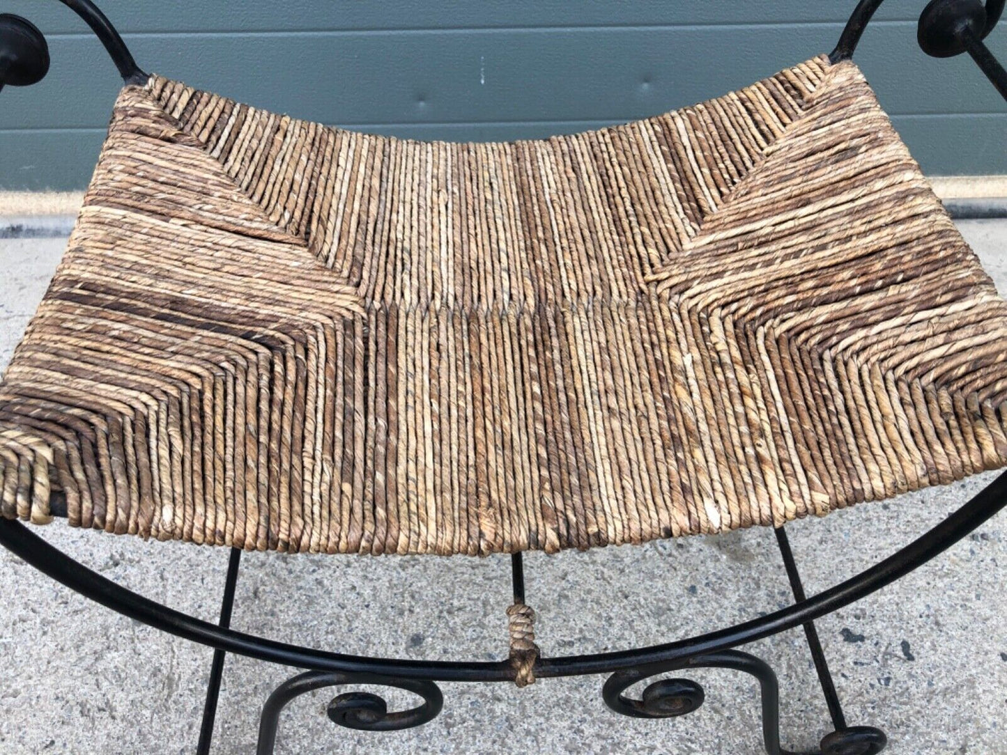 000841....Vintage Bohemian Style Wrought Iron Stool With Rush Seat ( sold )