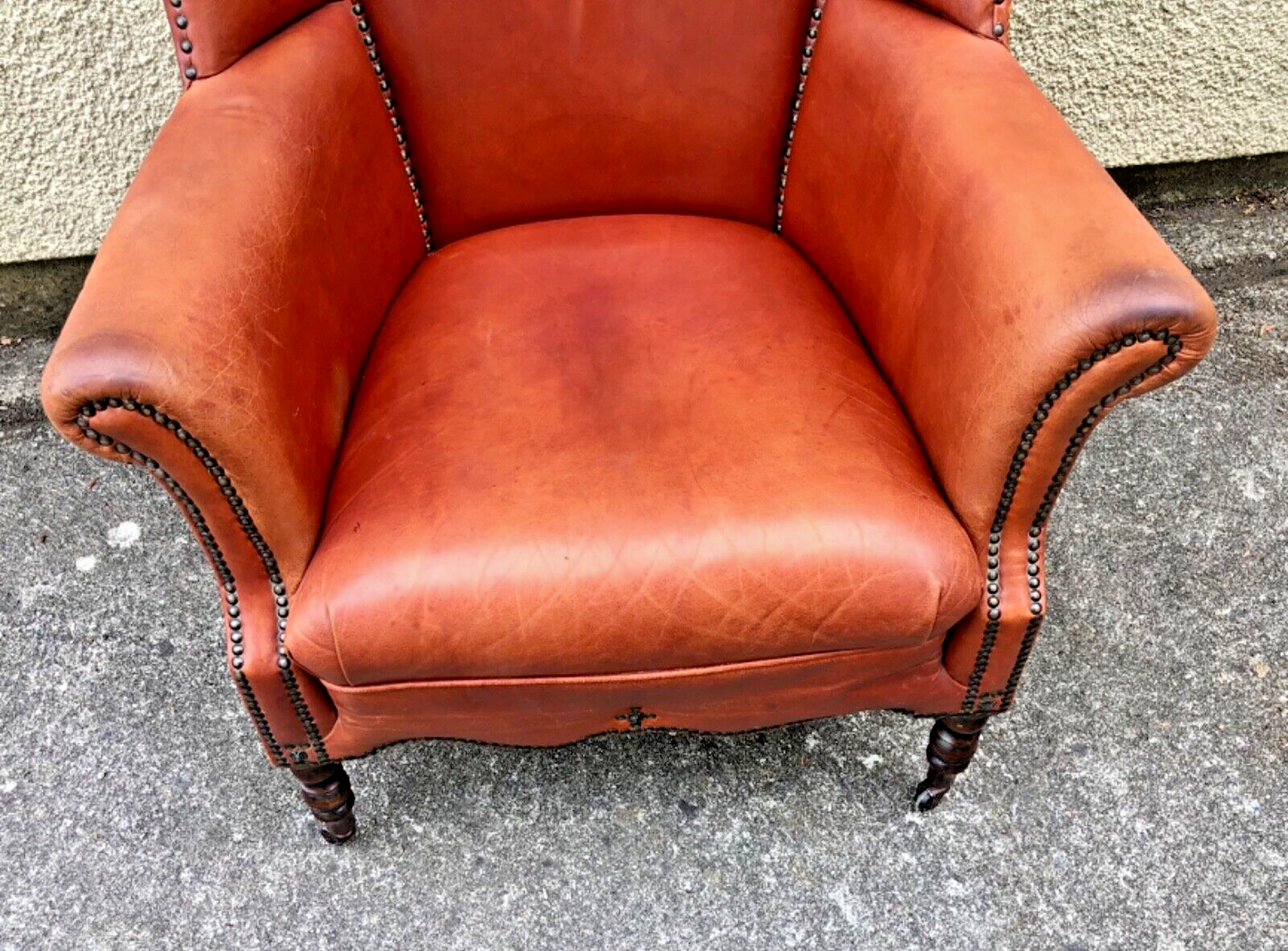 000834....Handsome Pair Of Smaller Vintage Leather Wing Back Armchairs / Leather Armchairs ( sold )