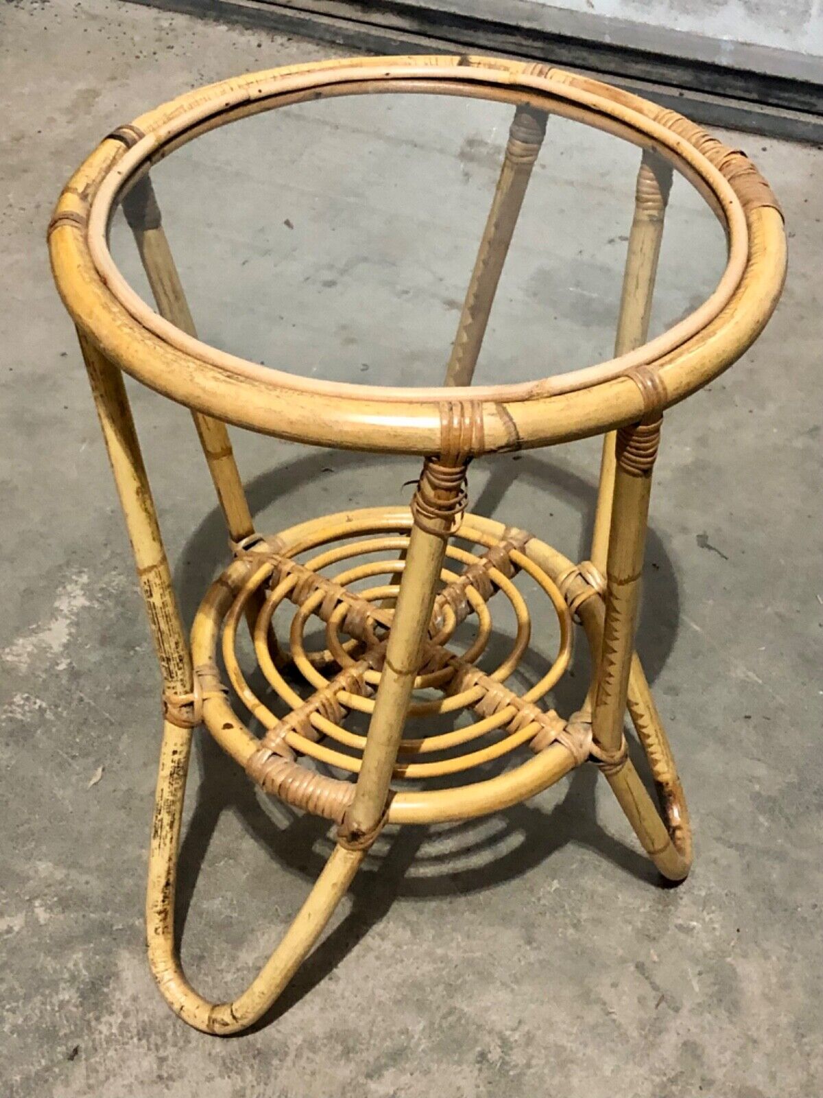 000782....Pair Of Vintage Bamboo Round Coffee Tables / Occasional Tables