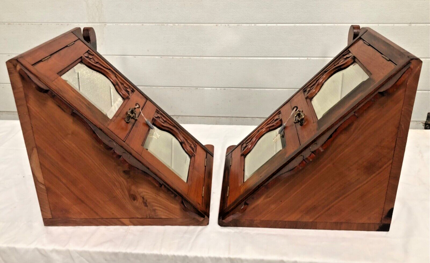 000839....Handsome Pair Of Walnut Wall Cabinets / Antique Corner Cabinets