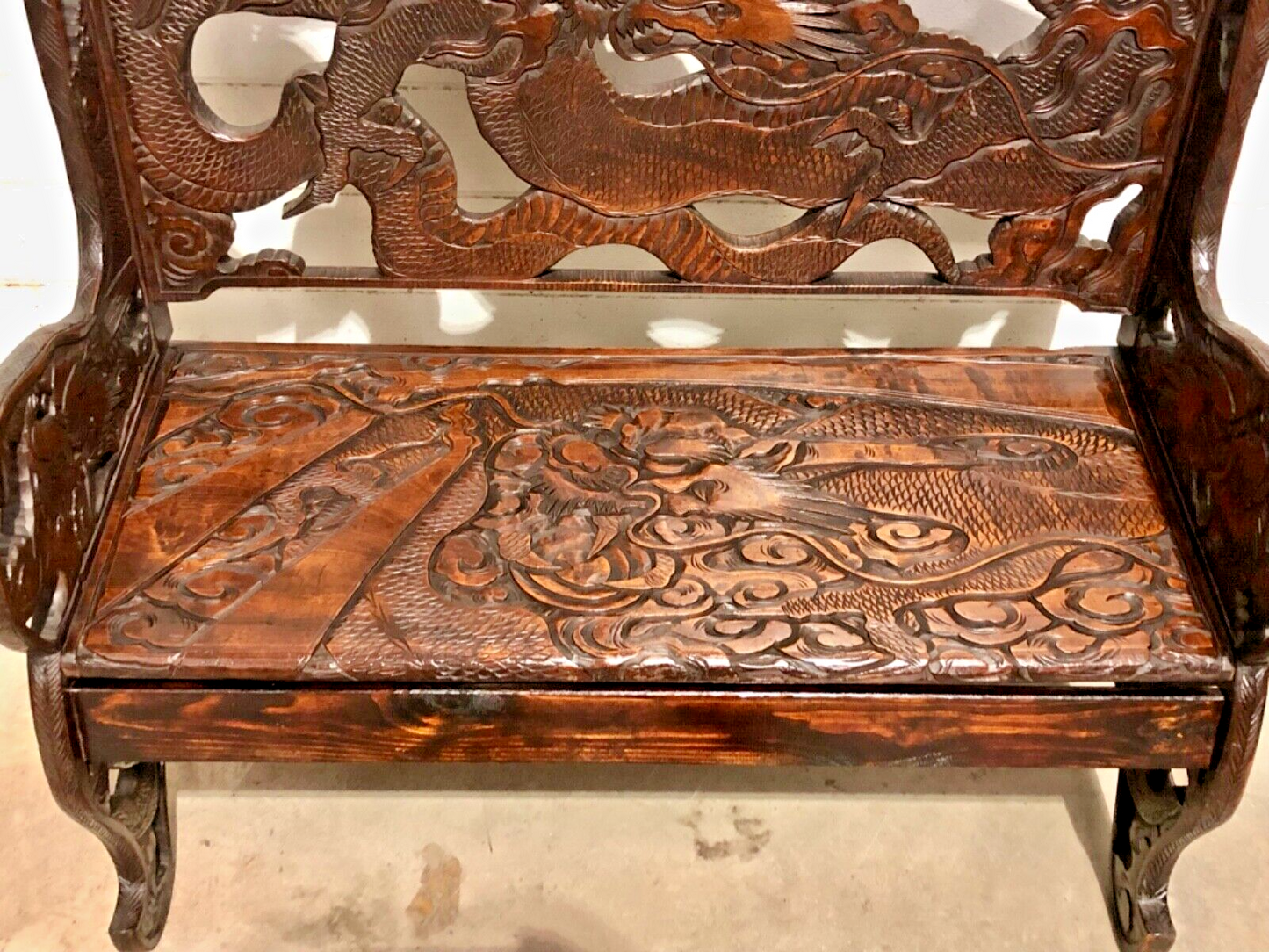 000760....Stunning Carved Oriental Bench / Hall Seat