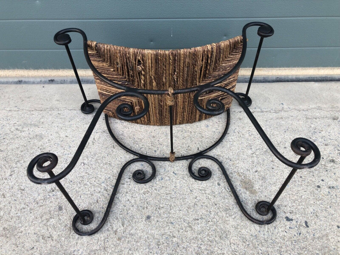 000841....Vintage Bohemian Style Wrought Iron Stool With Rush Seat ( sold )
