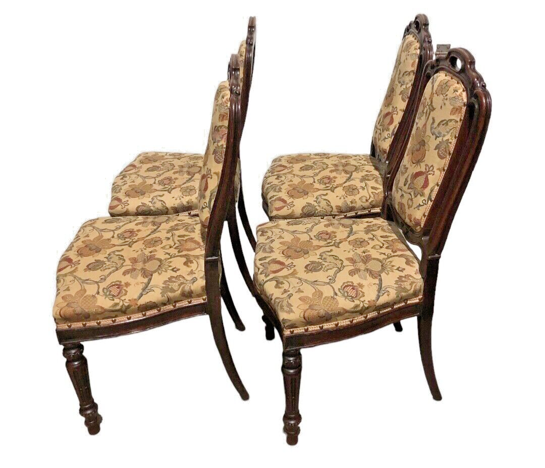 000790....Handsome Set Of Four Antique Carved Oak Dining Chairs
