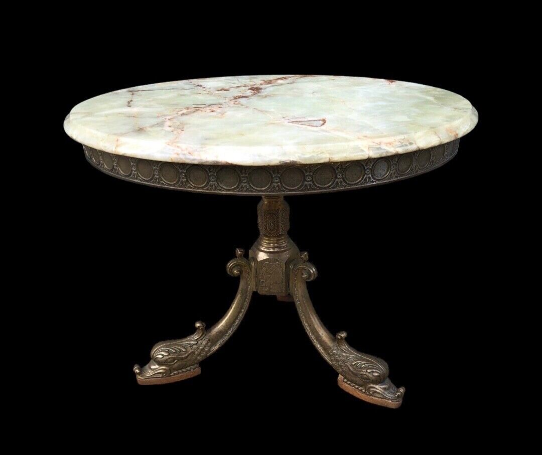 000832....Round Onyx Coffee Table On Decorative Dolphin Brass Base. ( Sold )