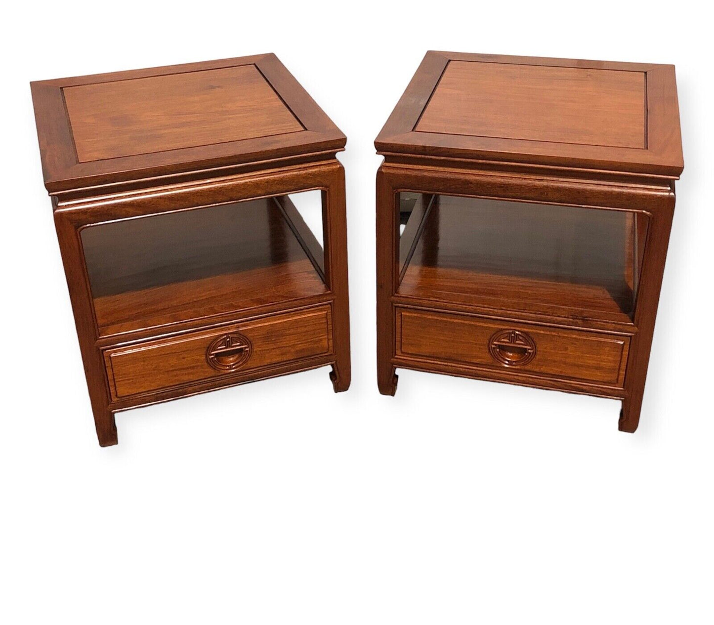 000736....Handsome Pair Of Chinese Hardwood Bedside Tables / Lamp Tables ( sold )