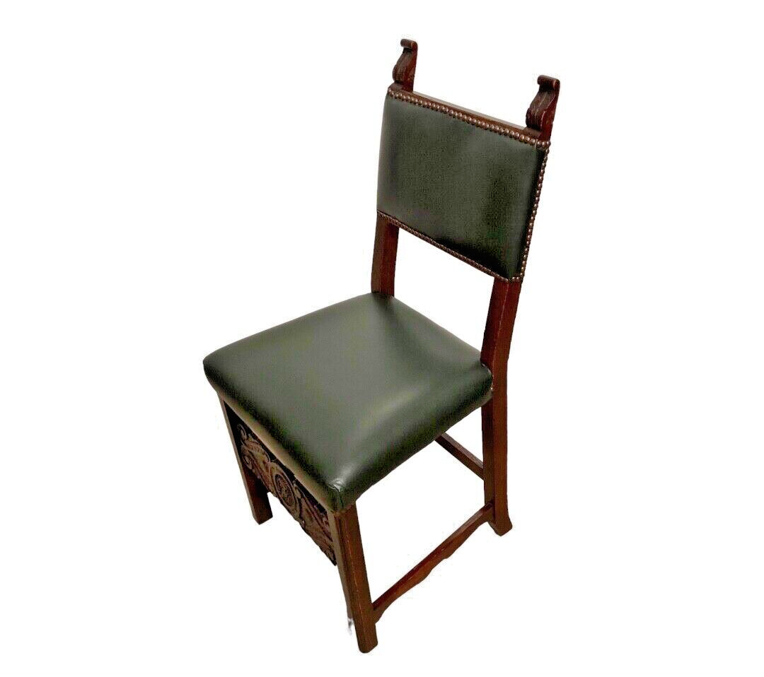 000847....Handsome Pair Of Carved Oak Hall Chairs With Green Leather Upholstery ( sold )