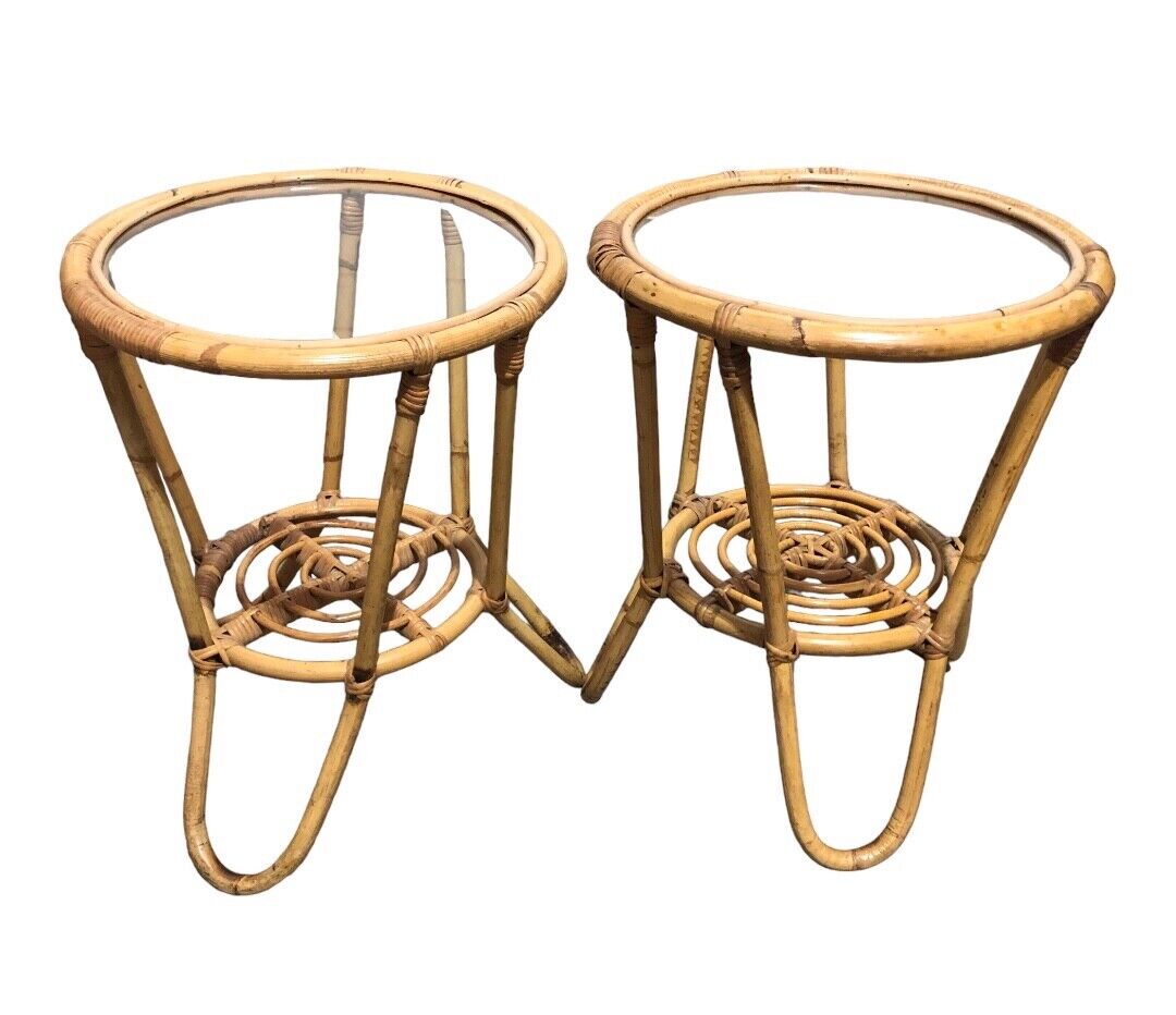 000782....Pair Of Vintage Bamboo Round Coffee Tables / Occasional Tables