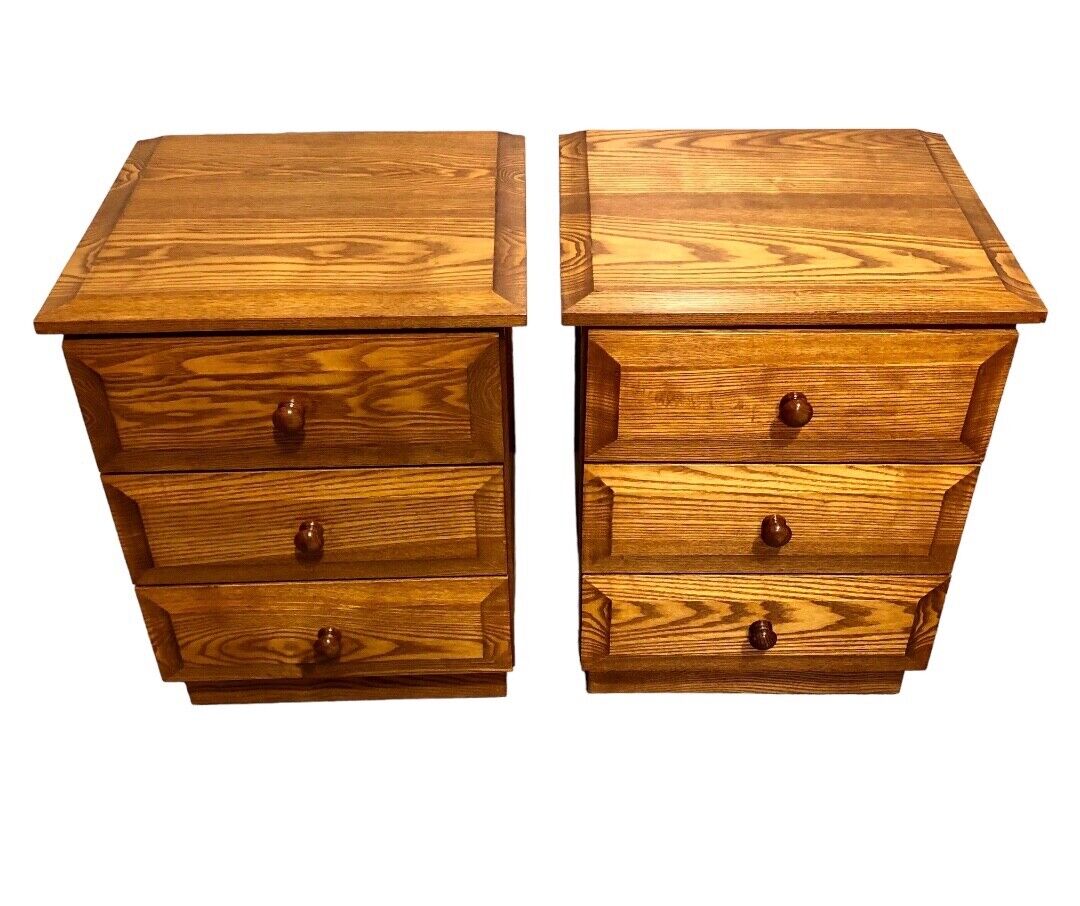 000827....Handsome Pair Of Solid Ash Bedside Chests / Vintage Ash Lamp Tables ( sold )