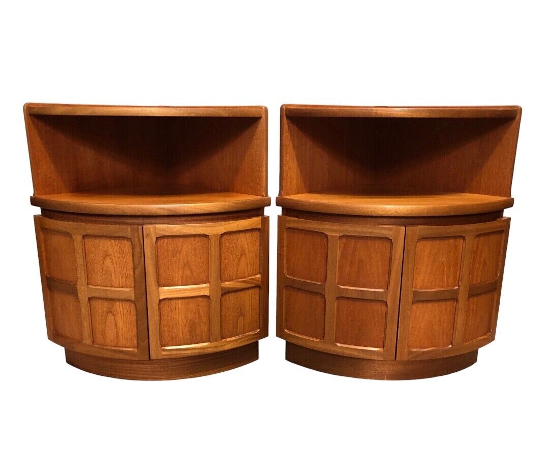 000849....Handsome Pair Of Retro Nathan Corner Cupboards / Teak Cupboards ( sold )