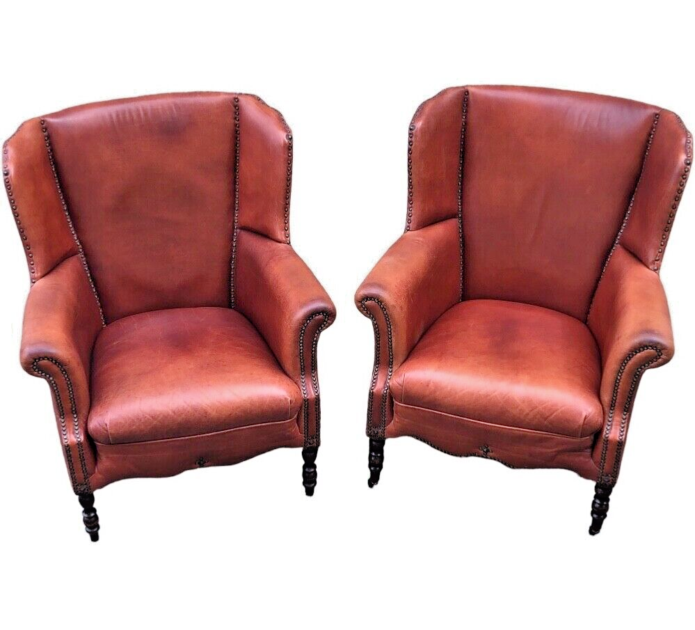 000834....Handsome Pair Of Smaller Vintage Leather Wing Back Armchairs / Leather Armchairs ( sold )