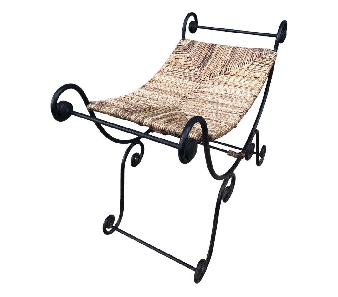 000841....Vintage Bohemian Style Wrought Iron Stool With Rush Seat ( sold )