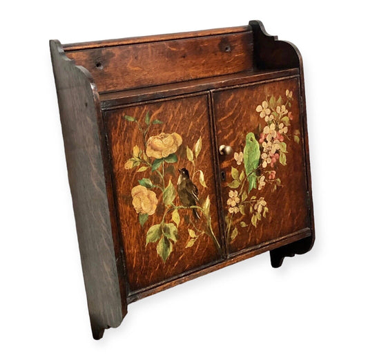 000735....Handsome Edwardian Hand Painted Oak Wall Cabinet ( sold )