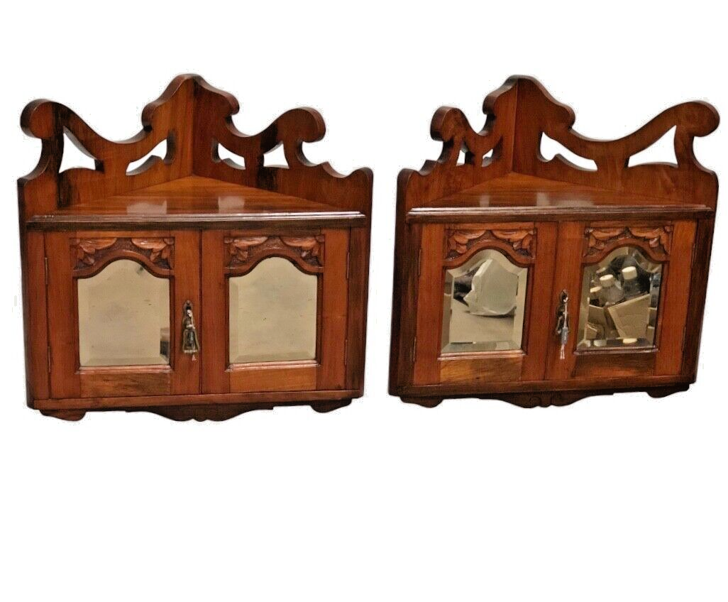 000839....Handsome Pair Of Walnut Wall Cabinets / Antique Corner Cabinets