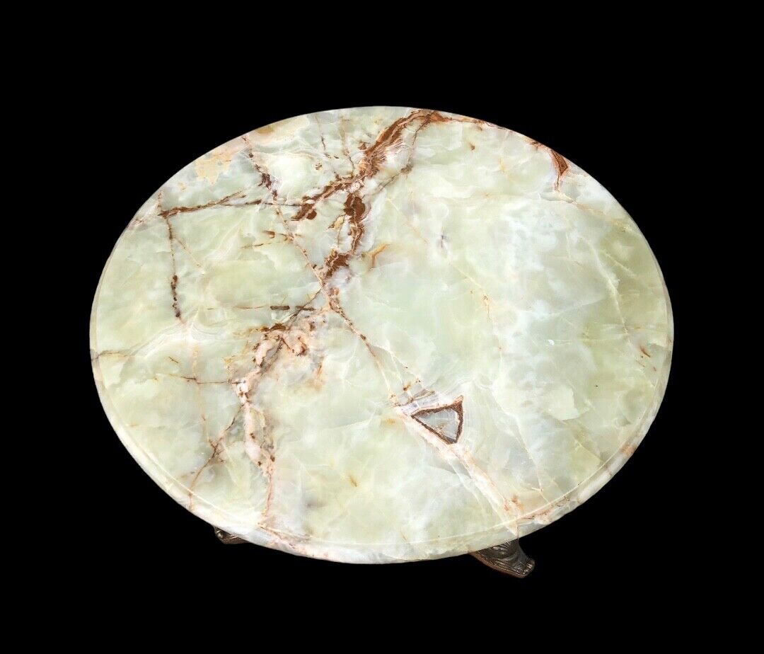 000832....Round Onyx Coffee Table On Decorative Dolphin Brass Base. ( Sold )