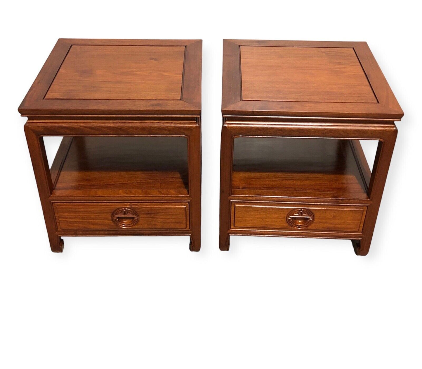 000736....Handsome Pair Of Chinese Hardwood Bedside Tables / Lamp Tables ( sold )
