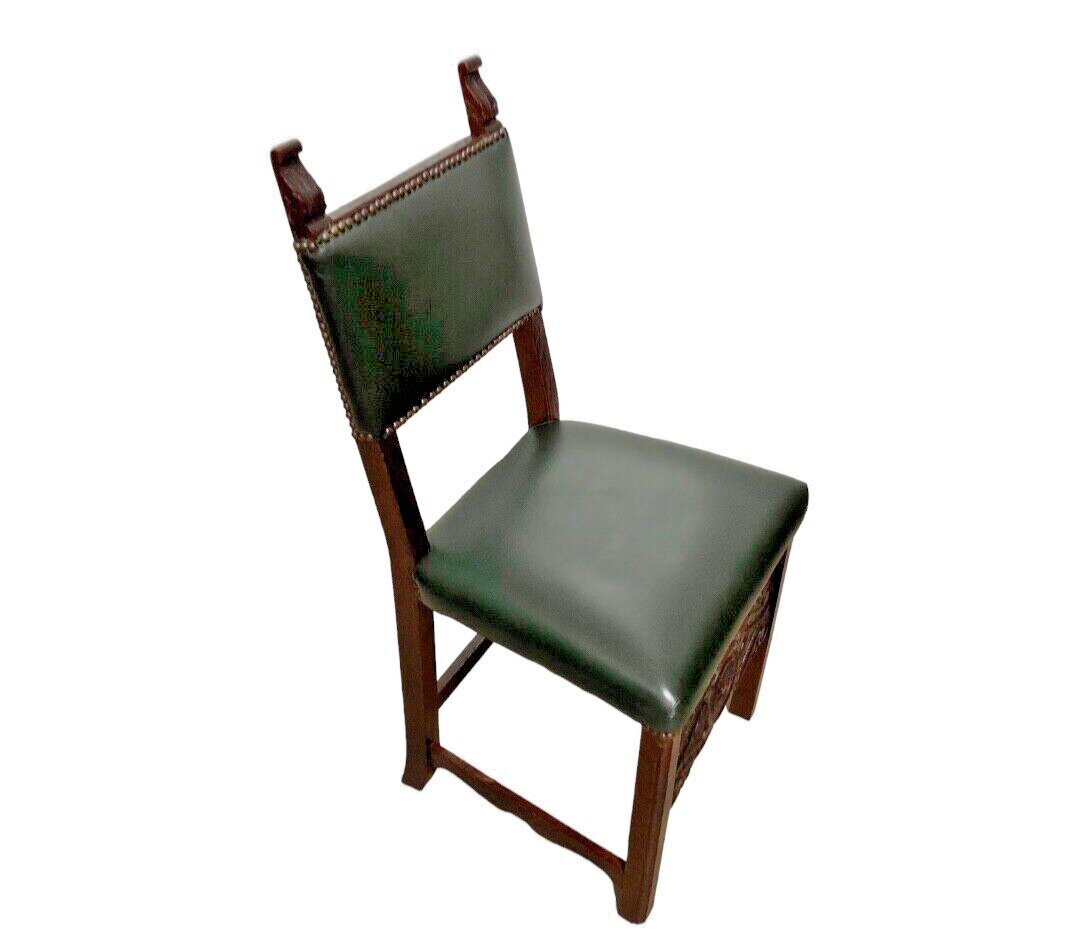 000847....Handsome Pair Of Carved Oak Hall Chairs With Green Leather Upholstery ( sold )