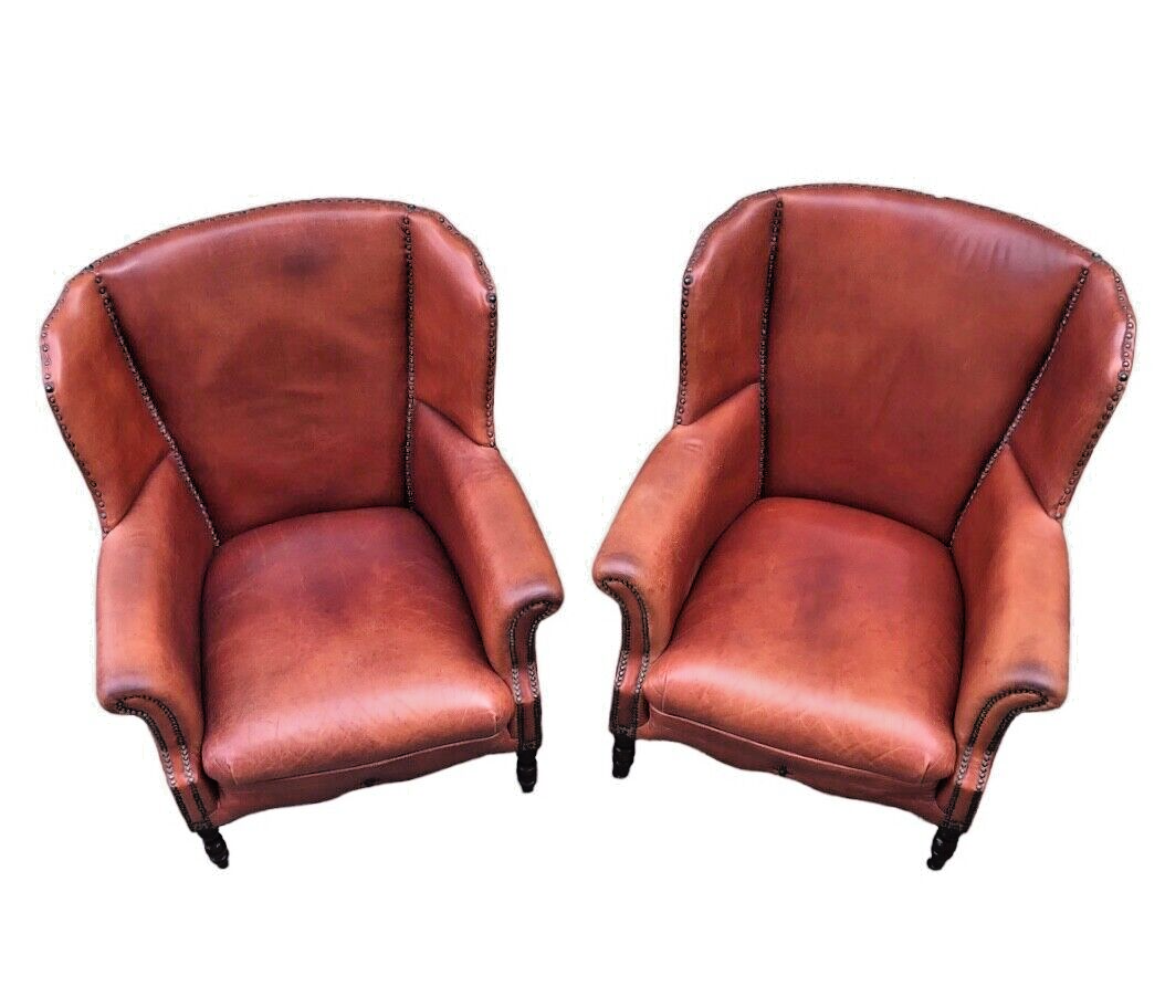 000834....Handsome Pair Of Smaller Vintage Leather Wing Back Armchairs / Leather Armchairs ( sold )