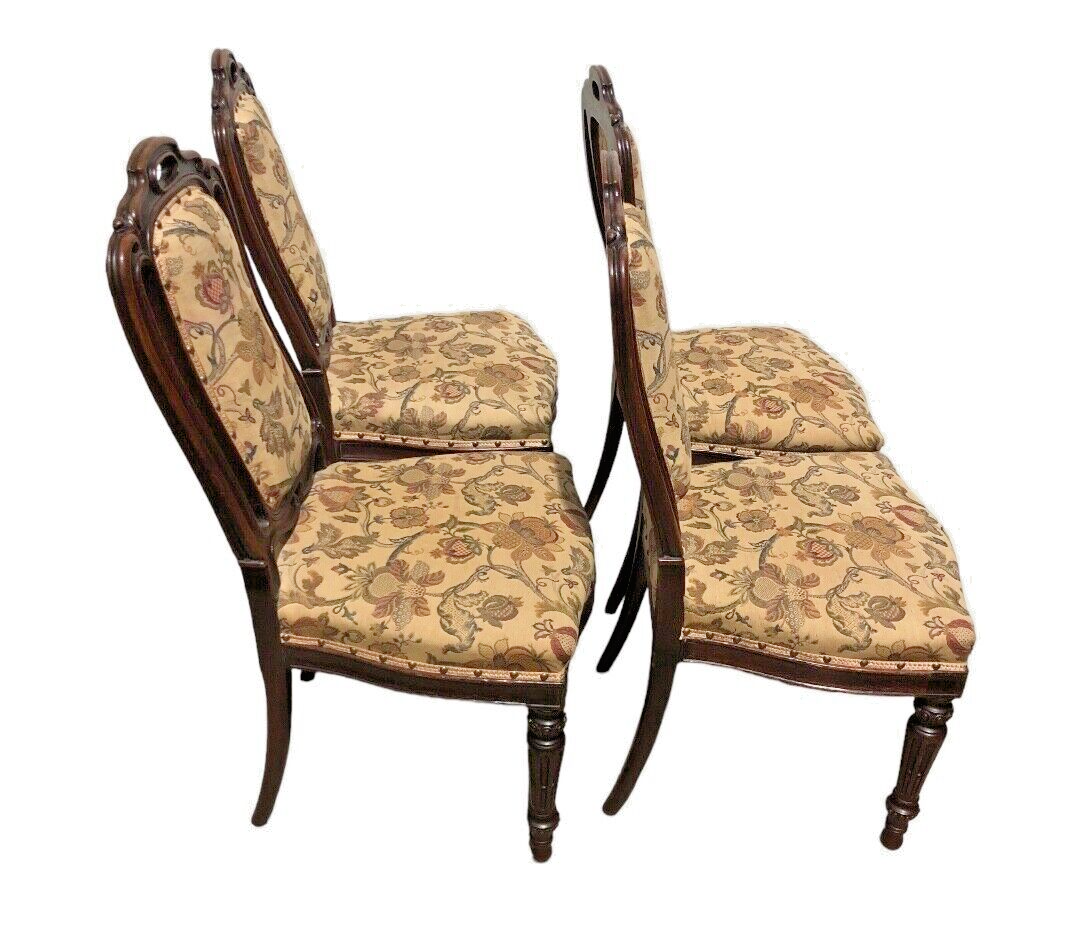 000790....Handsome Set Of Four Antique Carved Oak Dining Chairs