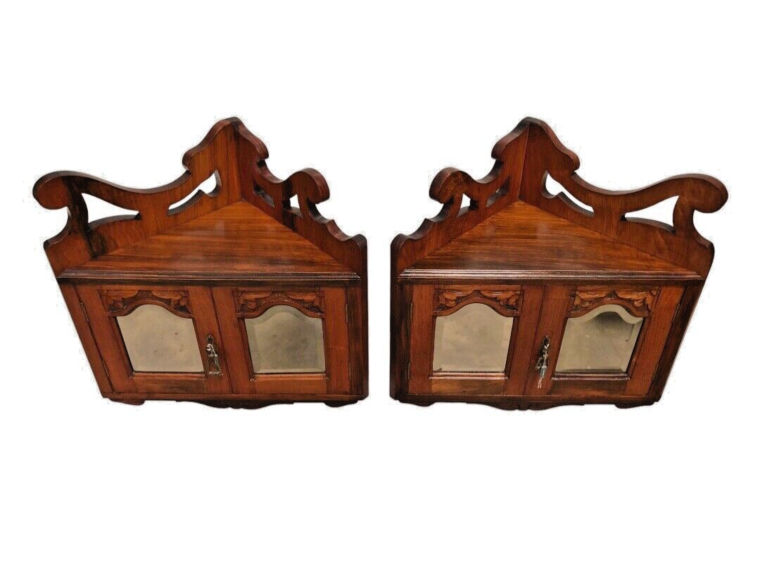 000839....Handsome Pair Of Walnut Wall Cabinets / Antique Corner Cabinets