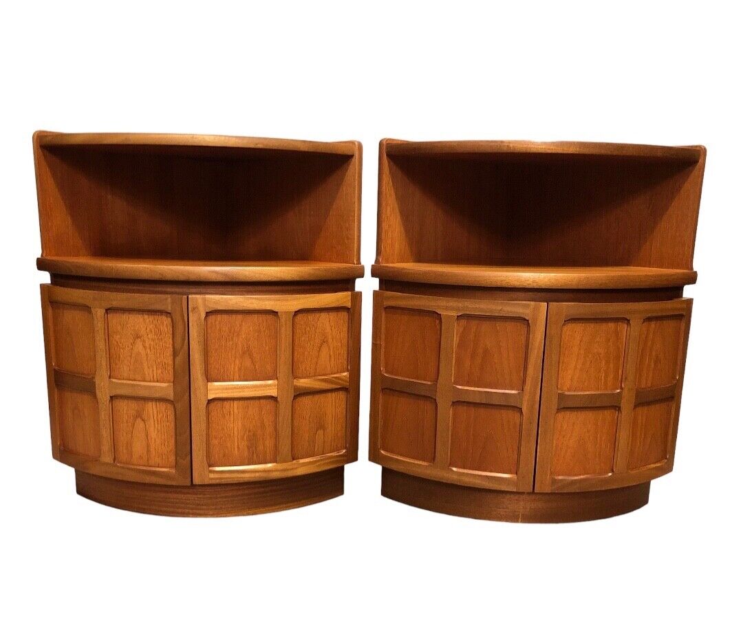 000849....Handsome Pair Of Retro Nathan Corner Cupboards / Teak Cupboards ( sold )