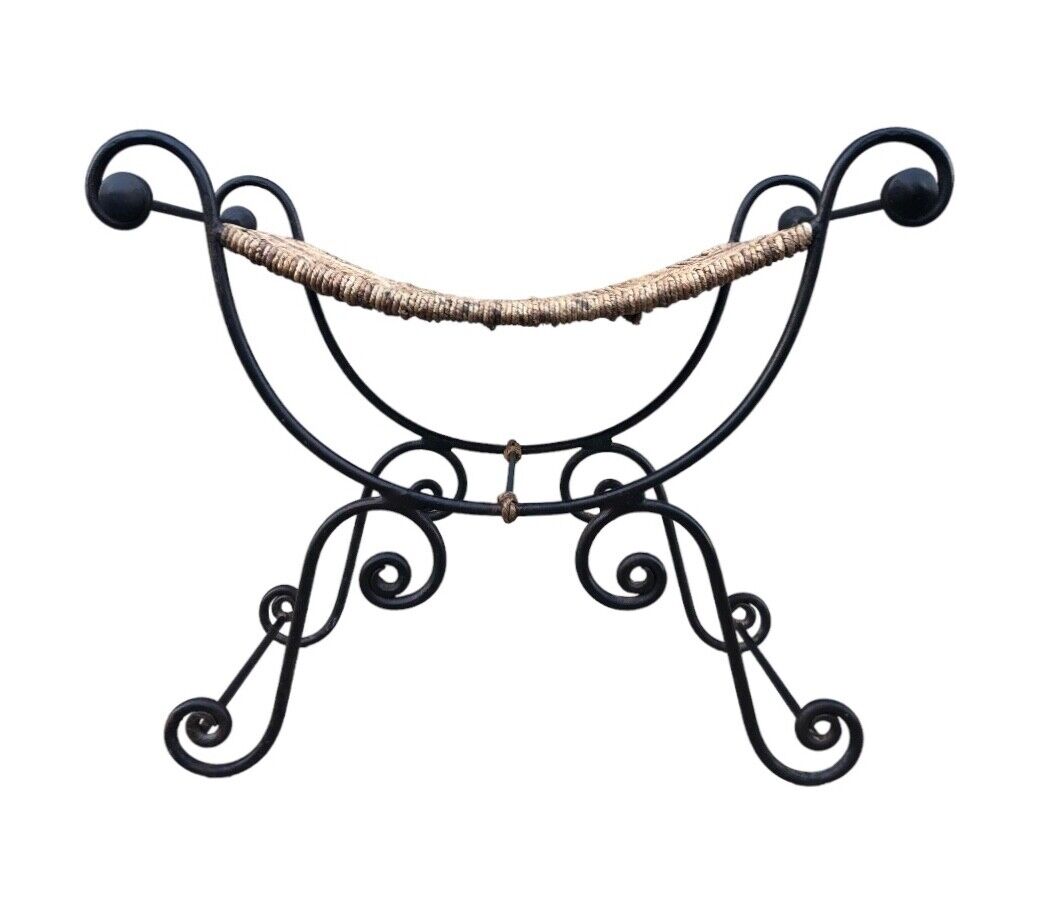 000841....Vintage Bohemian Style Wrought Iron Stool With Rush Seat ( sold )