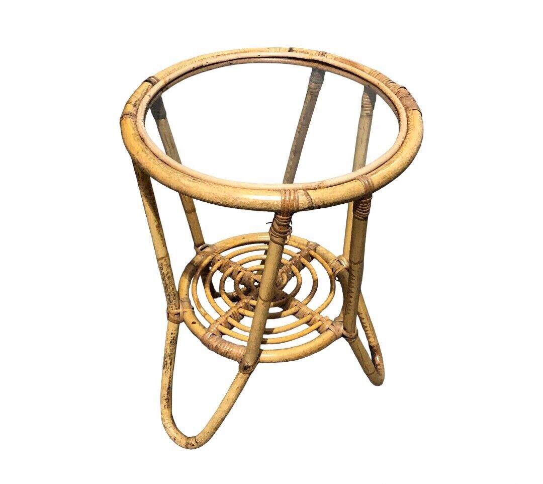 000782....Pair Of Vintage Bamboo Round Coffee Tables / Occasional Tables