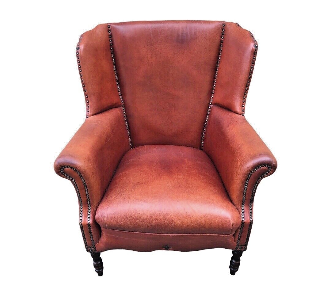000834....Handsome Pair Of Smaller Vintage Leather Wing Back Armchairs / Leather Armchairs ( sold )