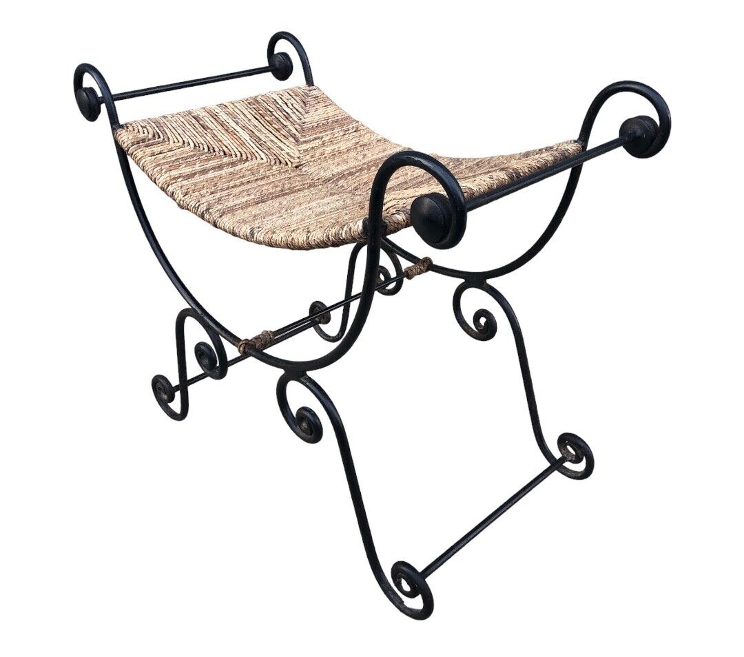 000841....Vintage Bohemian Style Wrought Iron Stool With Rush Seat ( sold )