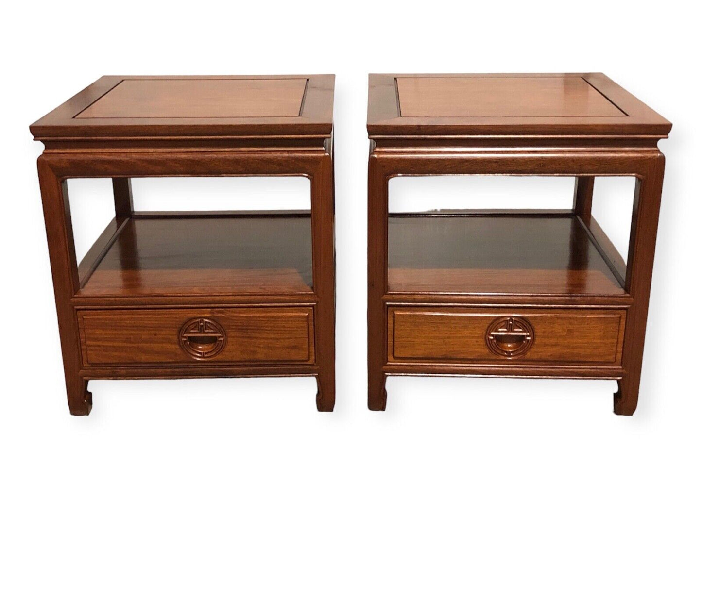 000736....Handsome Pair Of Chinese Hardwood Bedside Tables / Lamp Tables ( sold )