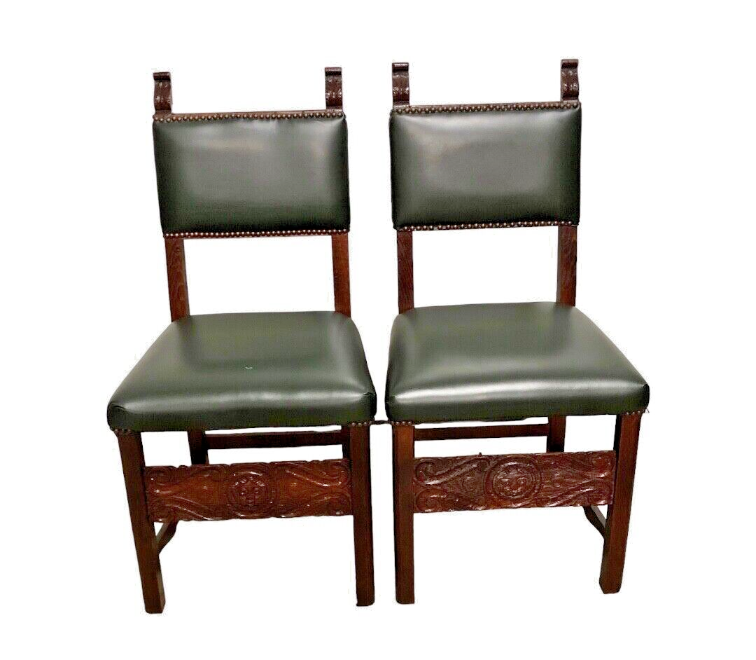 000847....Handsome Pair Of Carved Oak Hall Chairs With Green Leather Upholstery ( sold )