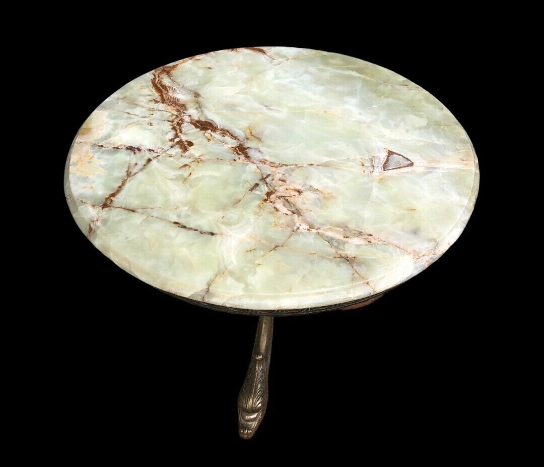 000832....Round Onyx Coffee Table On Decorative Dolphin Brass Base. ( Sold )