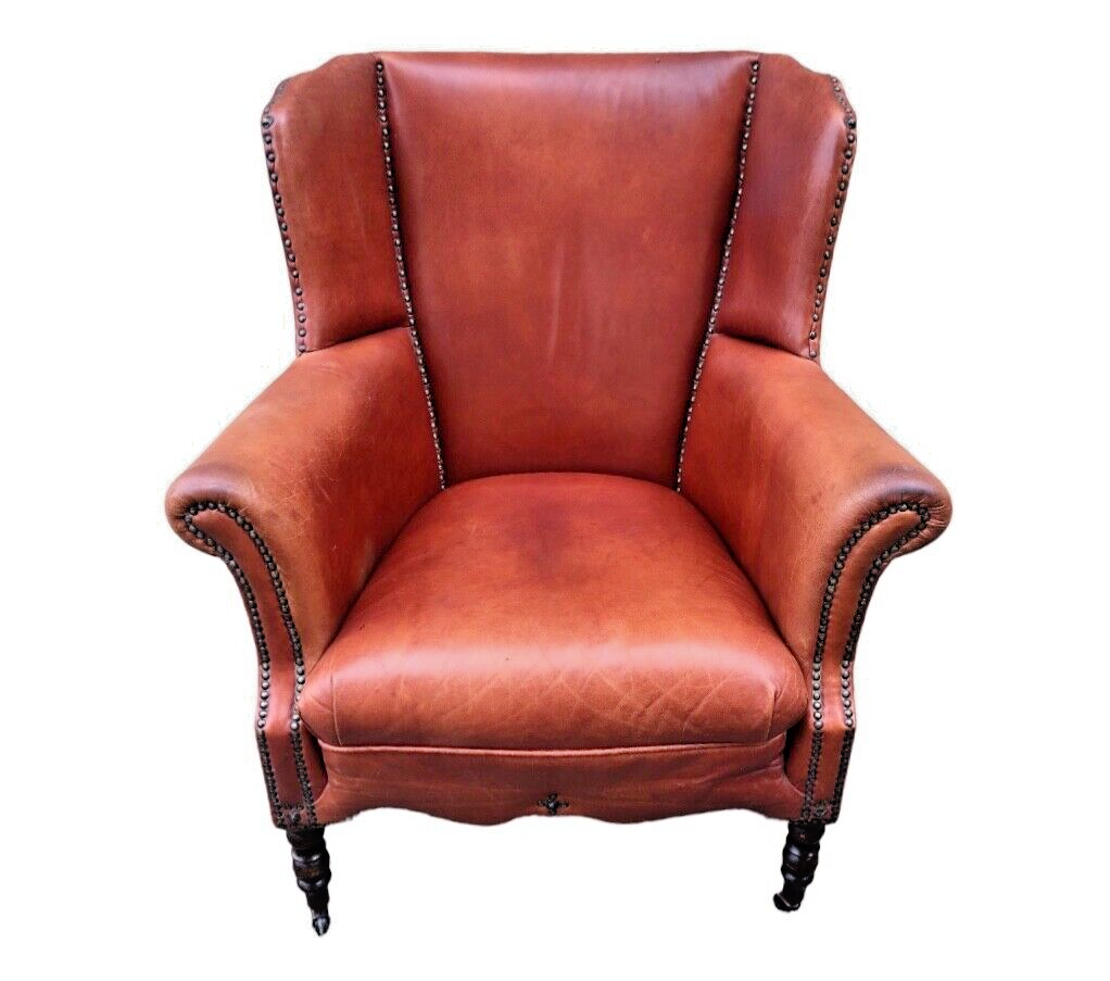 000834....Handsome Pair Of Smaller Vintage Leather Wing Back Armchairs / Leather Armchairs ( sold )