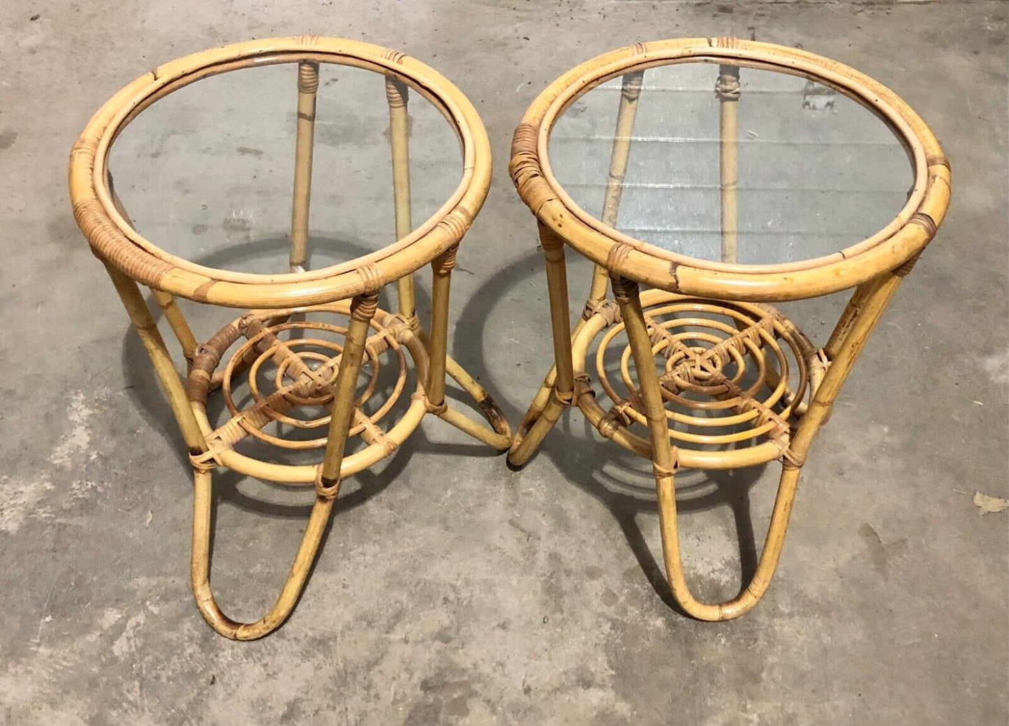 000782....Pair Of Vintage Bamboo Round Coffee Tables / Occasional Tables