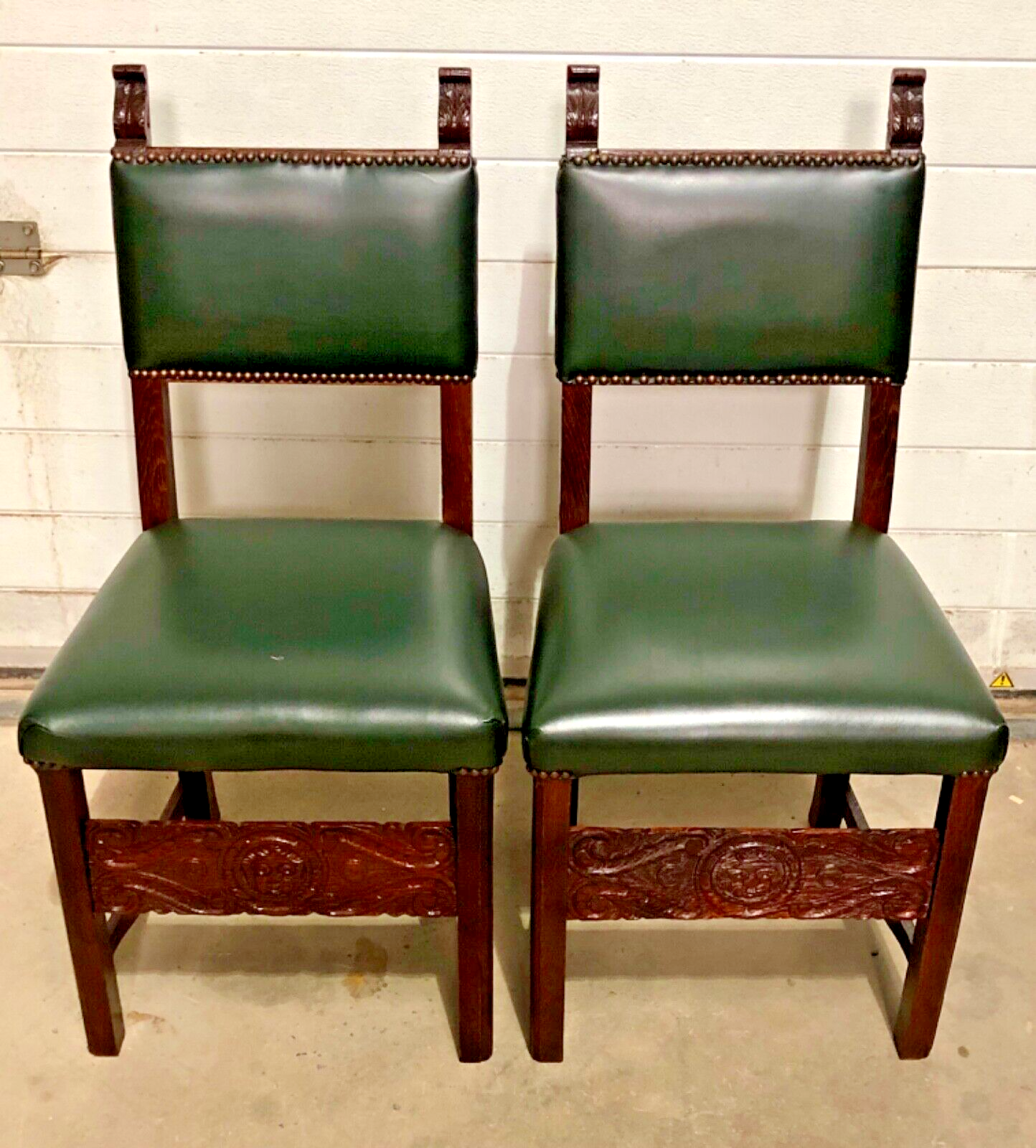 000847....Handsome Pair Of Carved Oak Hall Chairs With Green Leather Upholstery ( sold )