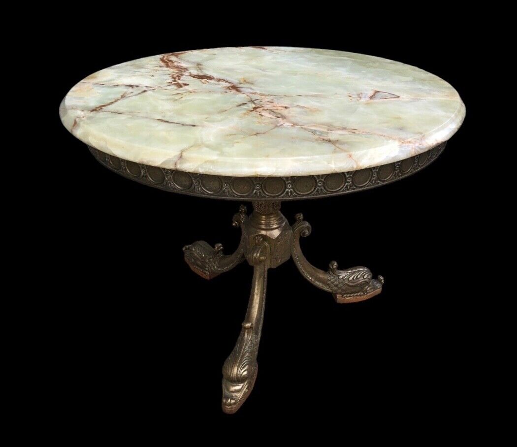 000832....Round Onyx Coffee Table On Decorative Dolphin Brass Base. ( Sold )