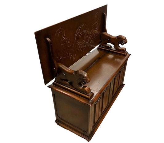 000797....Handsome Vintage Carved Oak Monks Bench / Hall Seat ( sold )