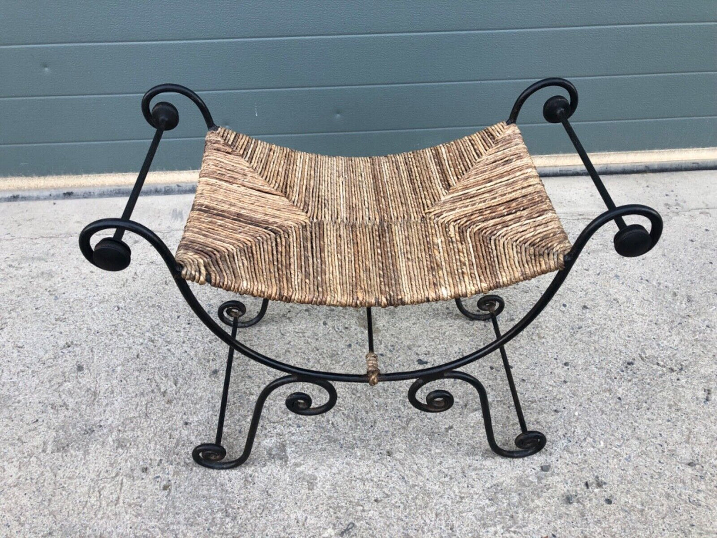 000841....Vintage Bohemian Style Wrought Iron Stool With Rush Seat ( sold )